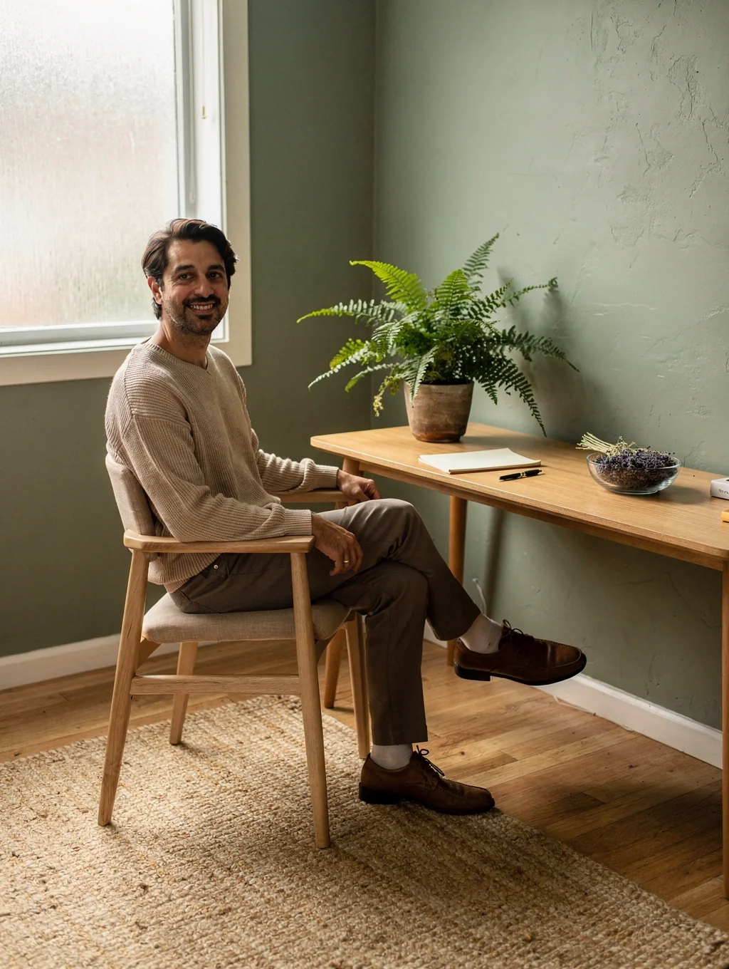 Alex Rivera in a calm, sunlit therapy office setting
