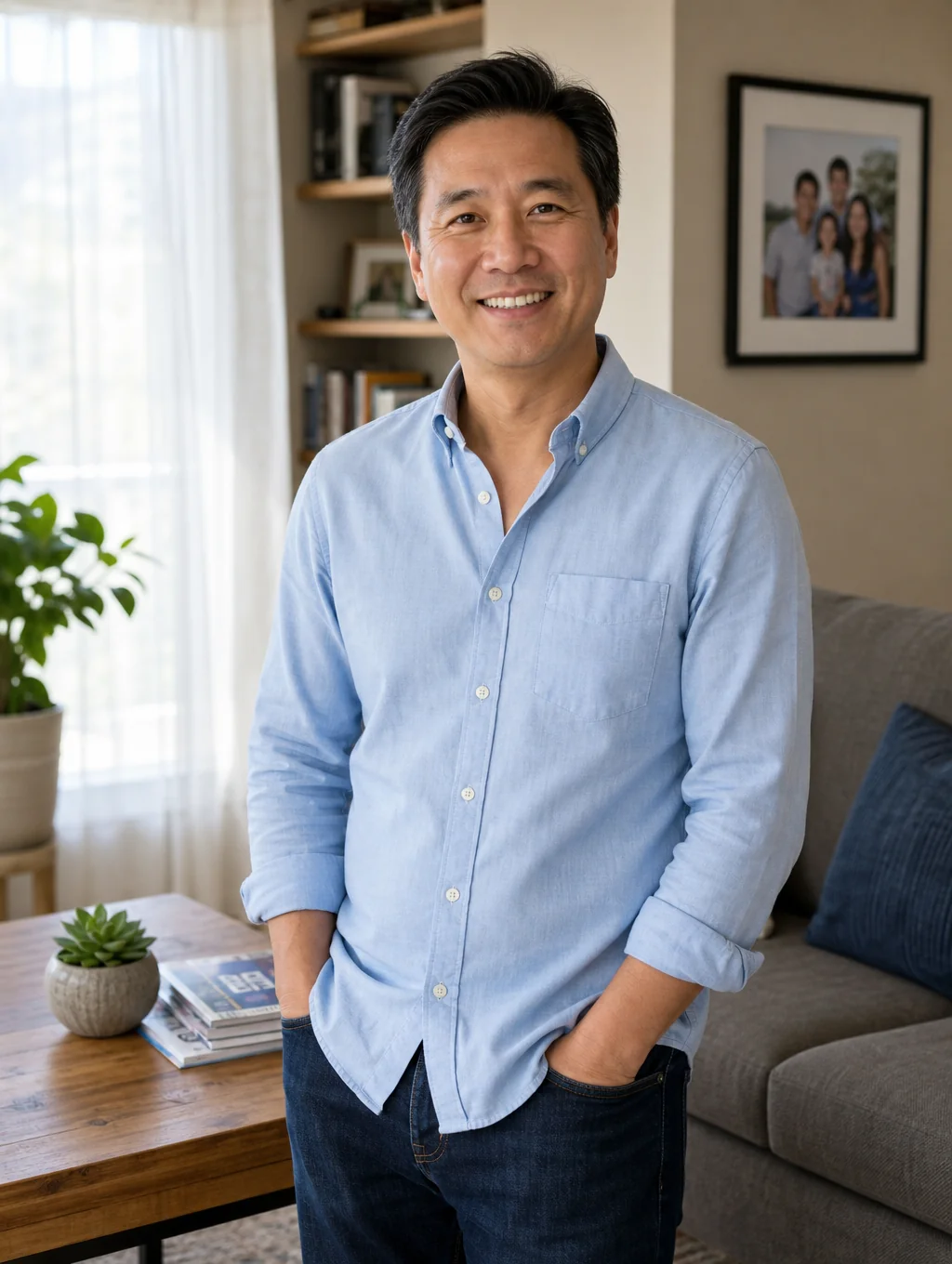 David Chen reviewing notes in a comfortable therapy space