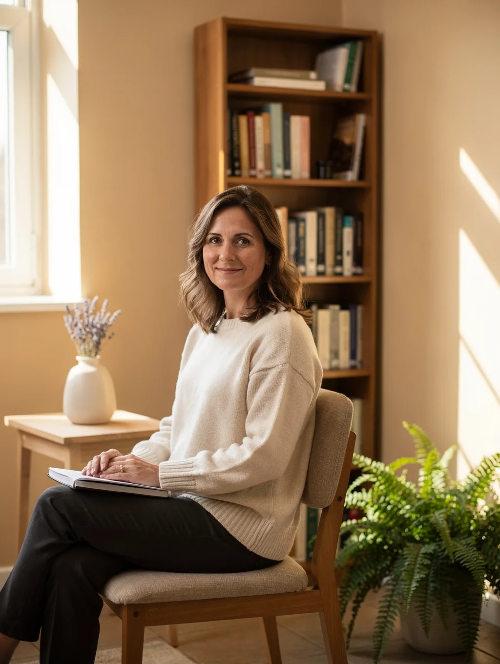Sarah Jenkins smiling warmly in a professional office